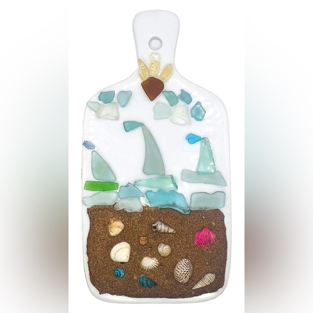 Artisan Crafted Ceramic Board Sailboat Scene W Sea Glass Citrine, Sand Seashells - Picture 5 of 12